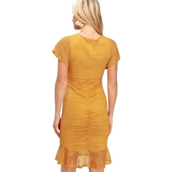 Lulus Harlou Mustard Yellow Lace Ruched Bodycon Dress Size Small - Picture 2 of 11